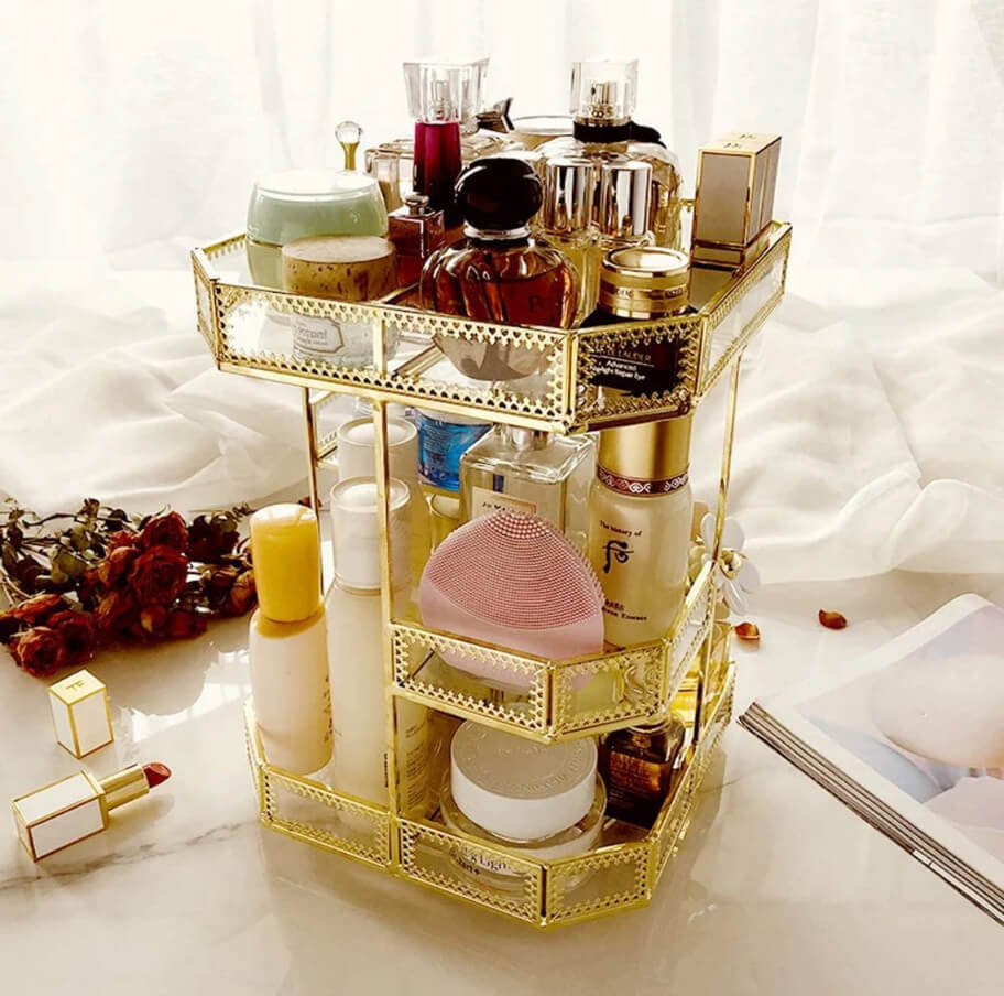 Rotating Gold Vanity Organizer With Mirrored Trays