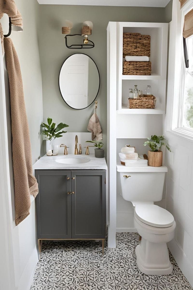 Open Shelving Unit Above Toilet for Basket Storage