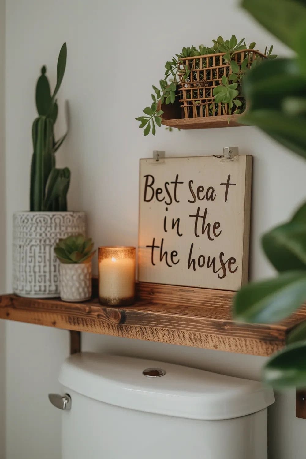 Wooden Shelf Above Toilet Displays Plants and a Humorous Sign