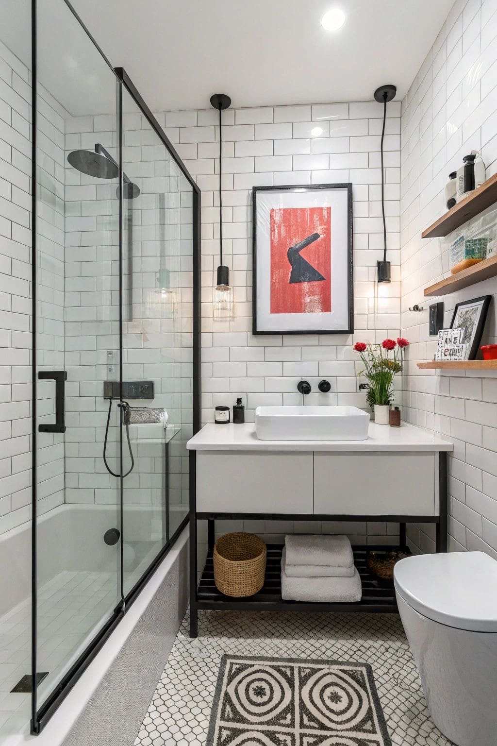 Framed Abstract Art Adds a Bold Red Accent to White Tile Walls