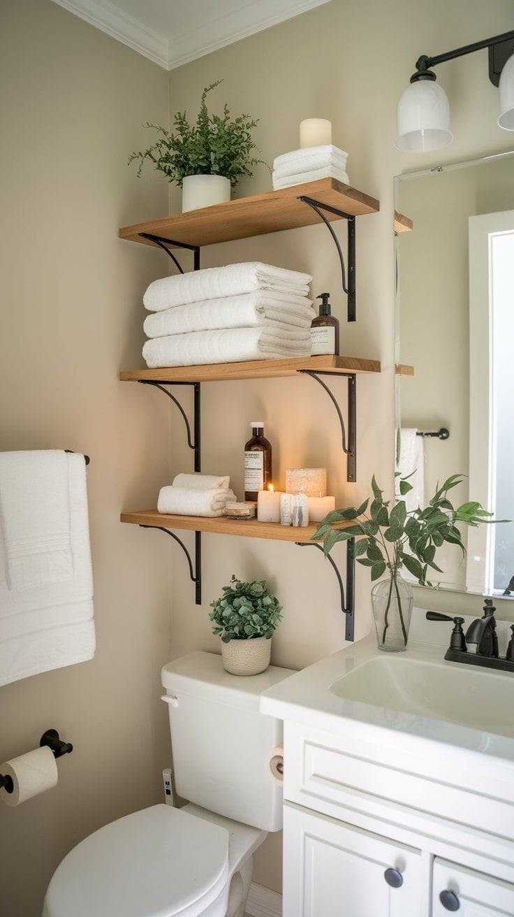 Floating Wood Shelves Create Vertical Storage Above Toilet