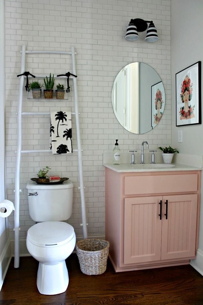 White Ladder Shelf Holds Plants and Towels