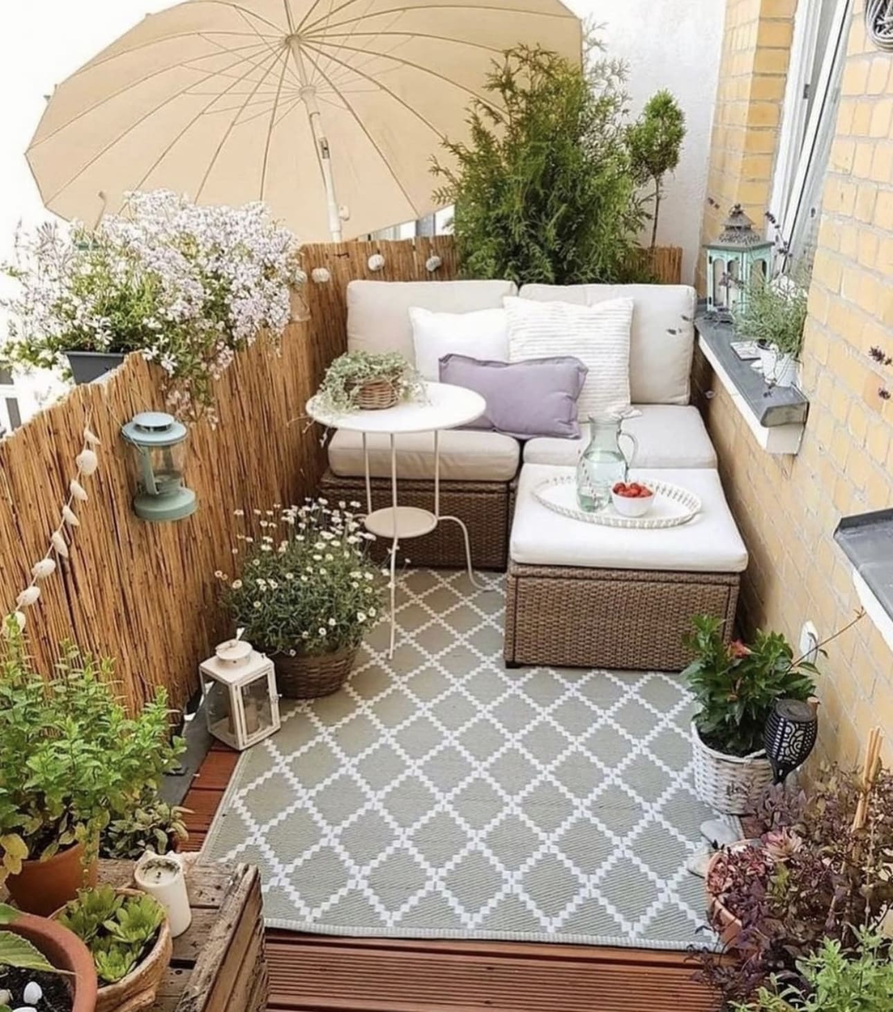 Geometric Pattern Rug Defines Balcony Seating Area