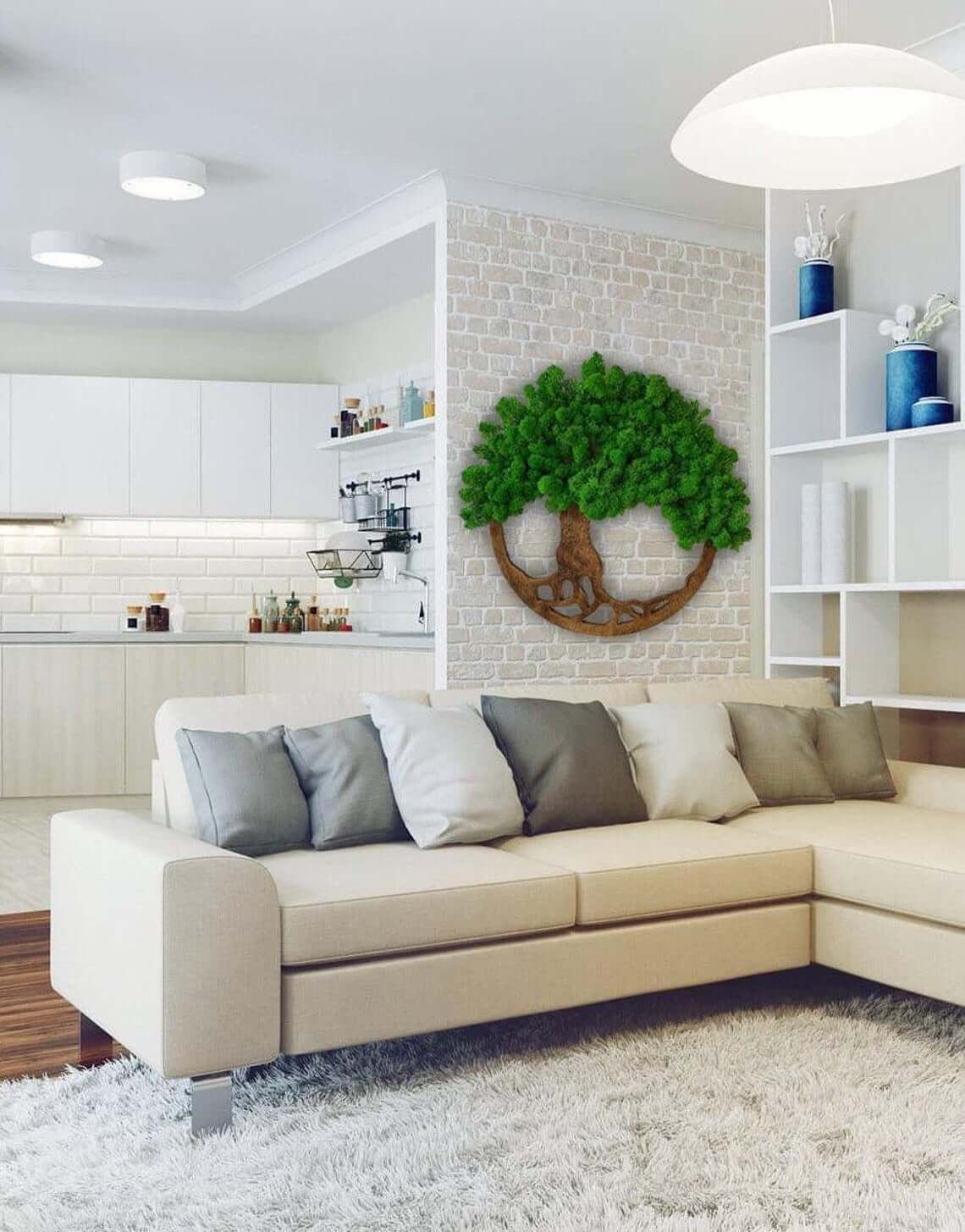 Round Moss Tree Art Anchors a Brick Accent Wall