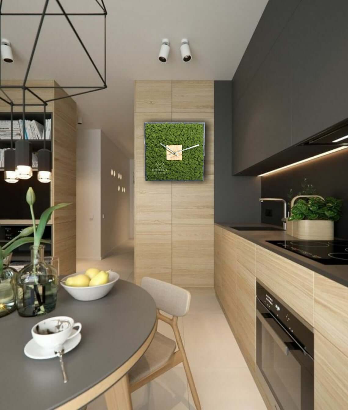 Square Moss Clock Adds Organic Texture to Kitchen Wall