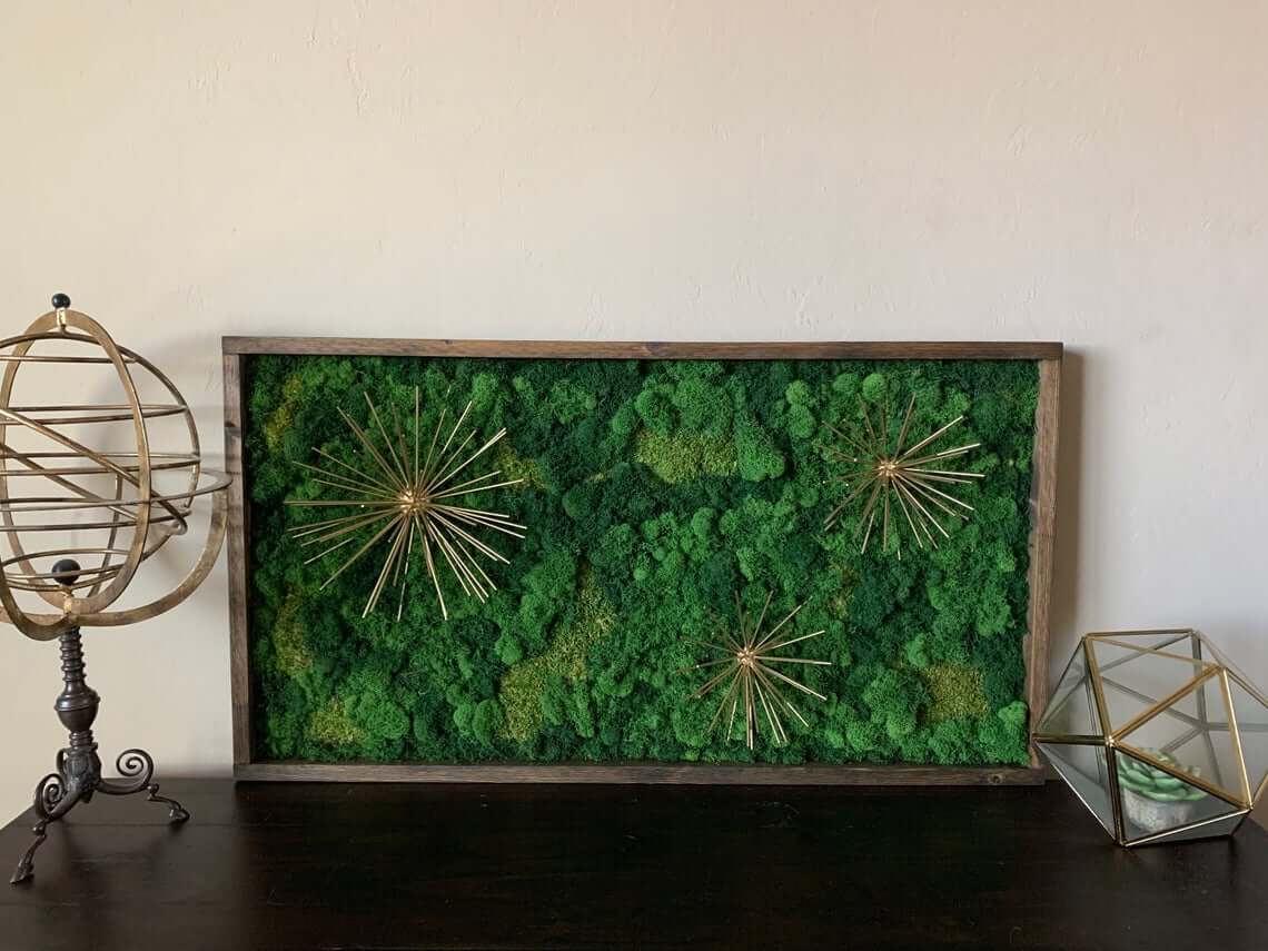 Incorporate Geometric Brass Accents into Textured Moss Art