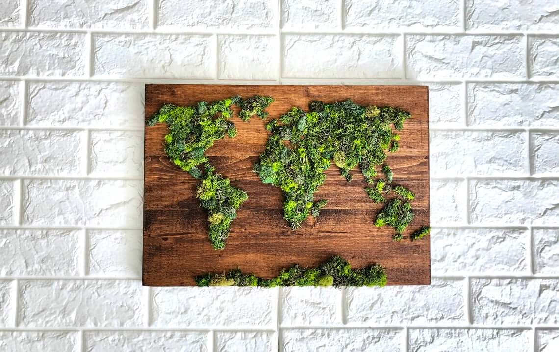 World Map Moss Art on a Natural Wood Base