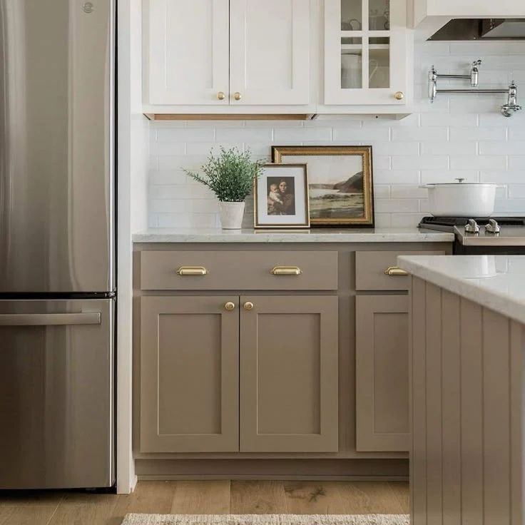 Taupe Base Cabinets Create Subtle Contrast with White Uppers