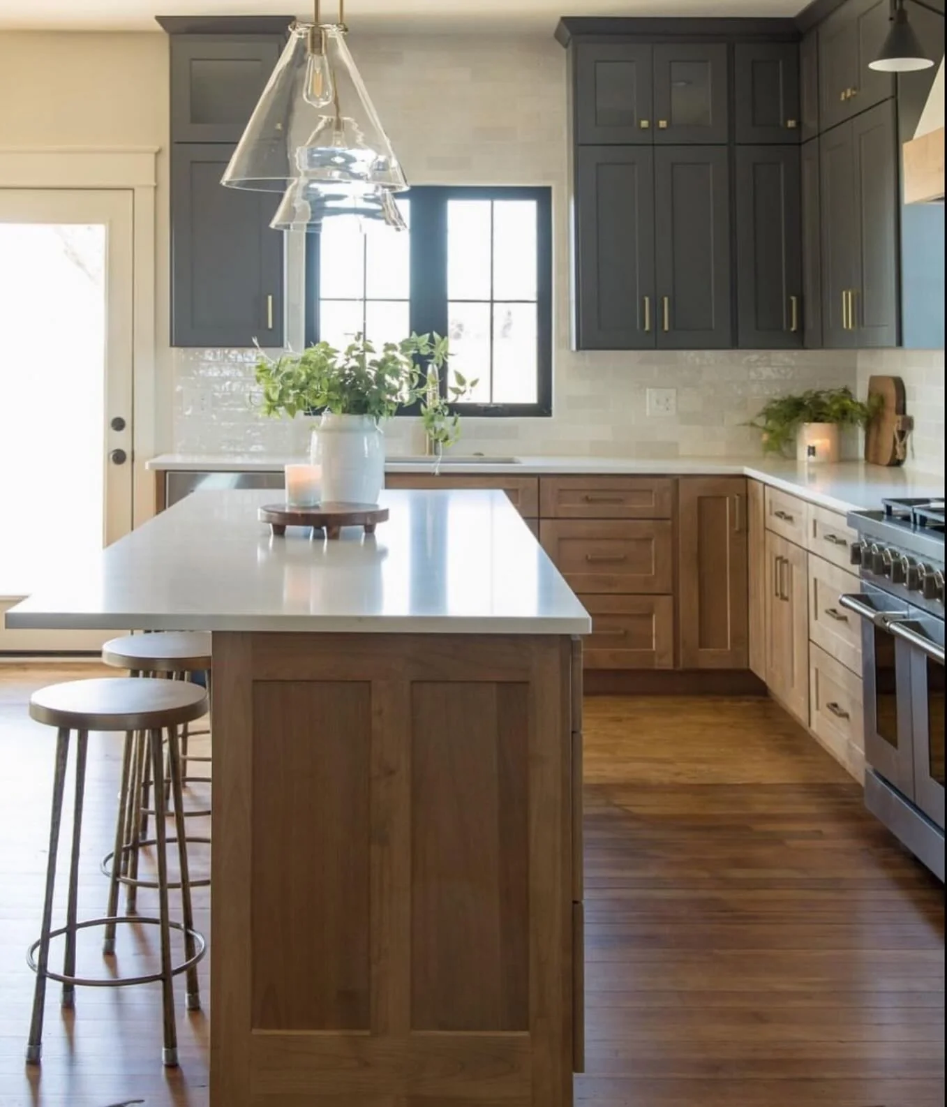 Dark Gray Uppers Meet Natural Wood Base Cabinets
