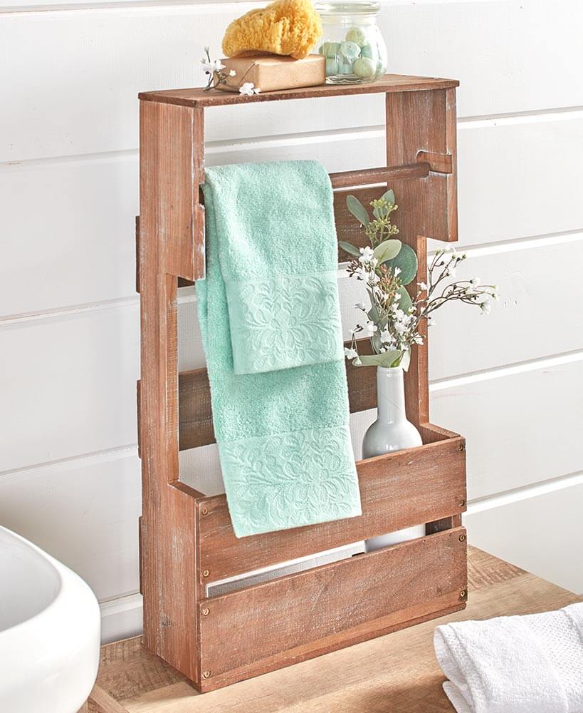 Rustic Wooden Crate Holds Towels and Bath Essentials