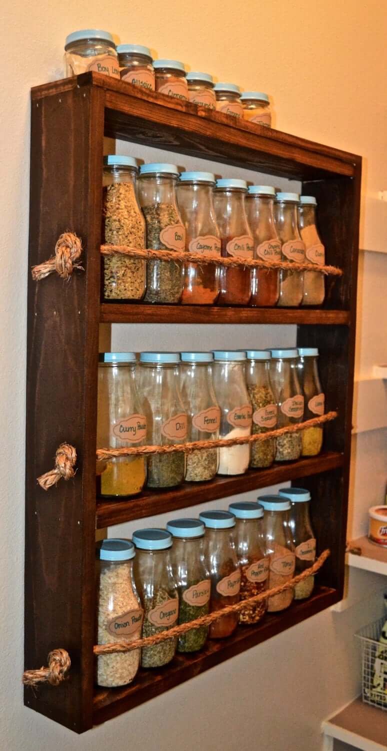 Dark Wood Spice Rack with Rope Accents