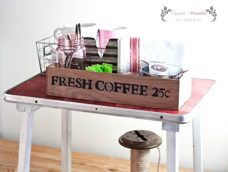 Wooden Crate Coffee Station Organizes Supplies
