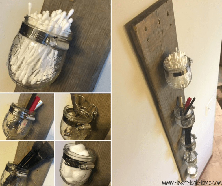Mount Mason Jars on a Wooden Board for Bathroom Organizers