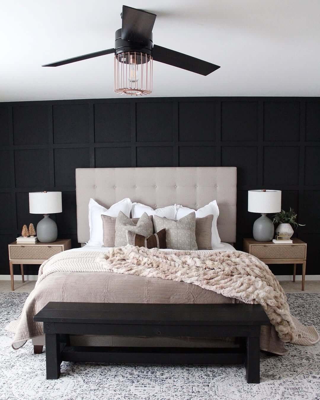 Grid of Recessed Panels Creates a Moody Black Accent Wall