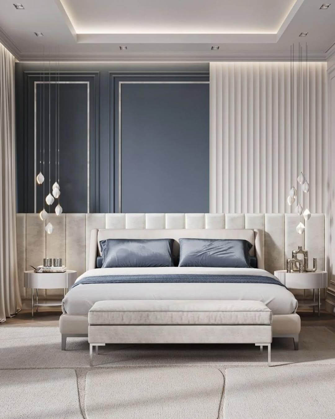 Duo-Tone Wall Design Creates a Sophisticated Bedroom Focal Point