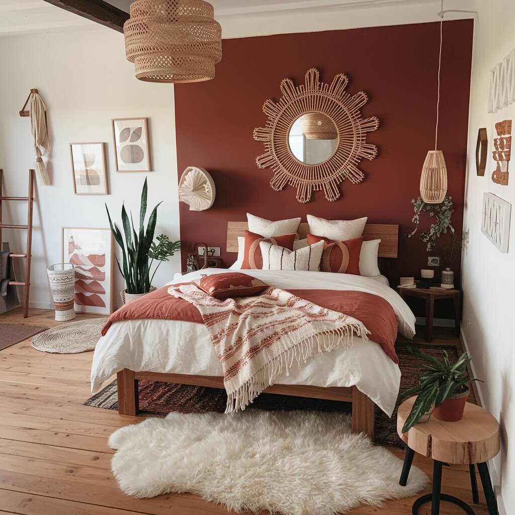 Deep Red Accent Wall Anchors a Boho Bedroom
