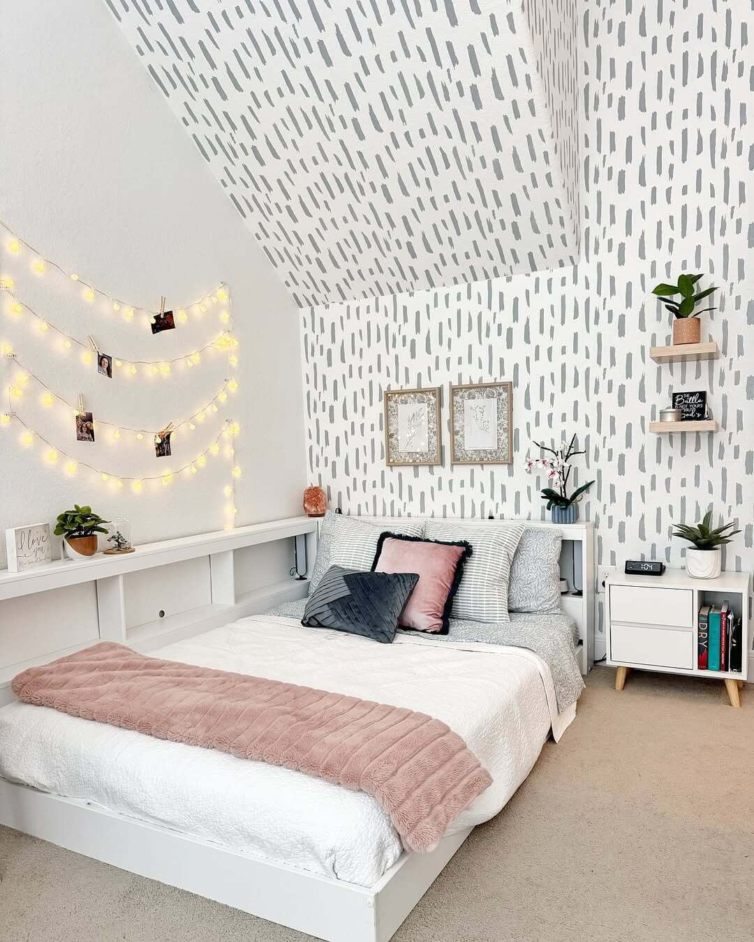 Dash Pattern Wallpaper Extends Onto Sloped Ceiling