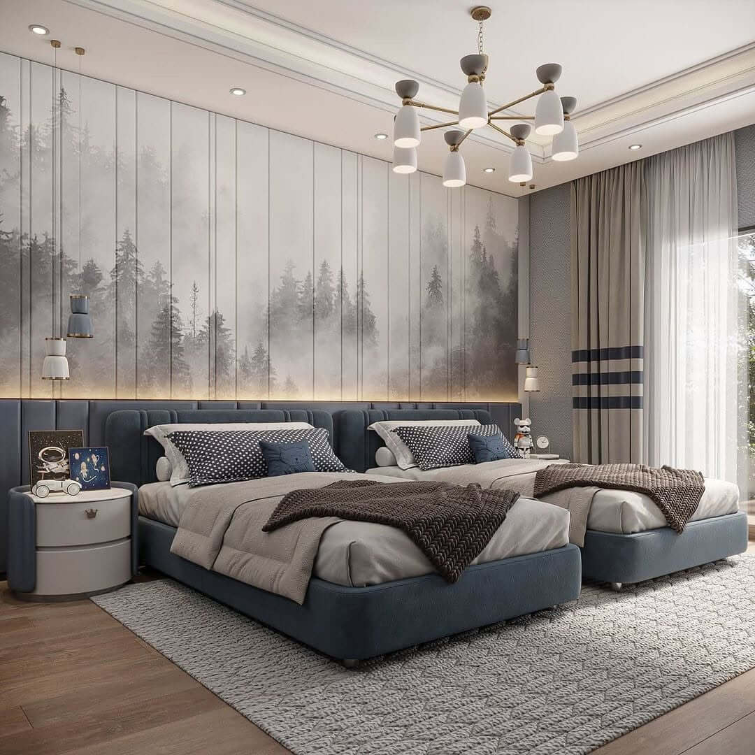 Misty Forest Mural Adds Depth Above a Padded Headboard