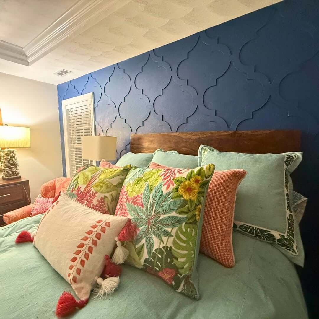 Raised Quatrefoil Pattern Adds Dimensionality to Deep Blue Wall