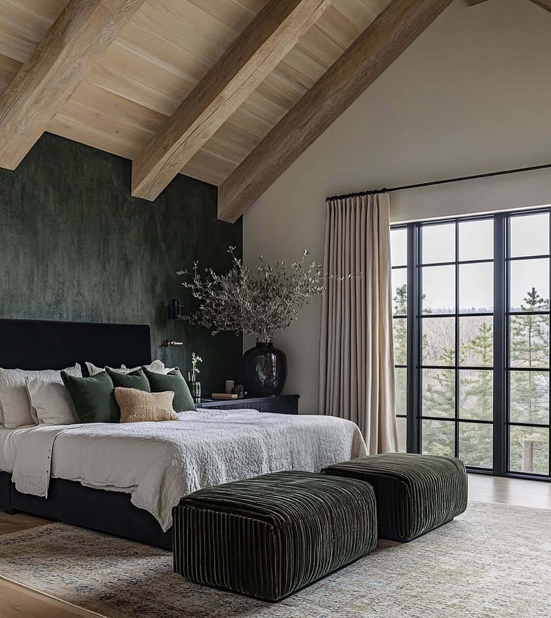 Textured Deep Green Ottomans Add Plush Seating