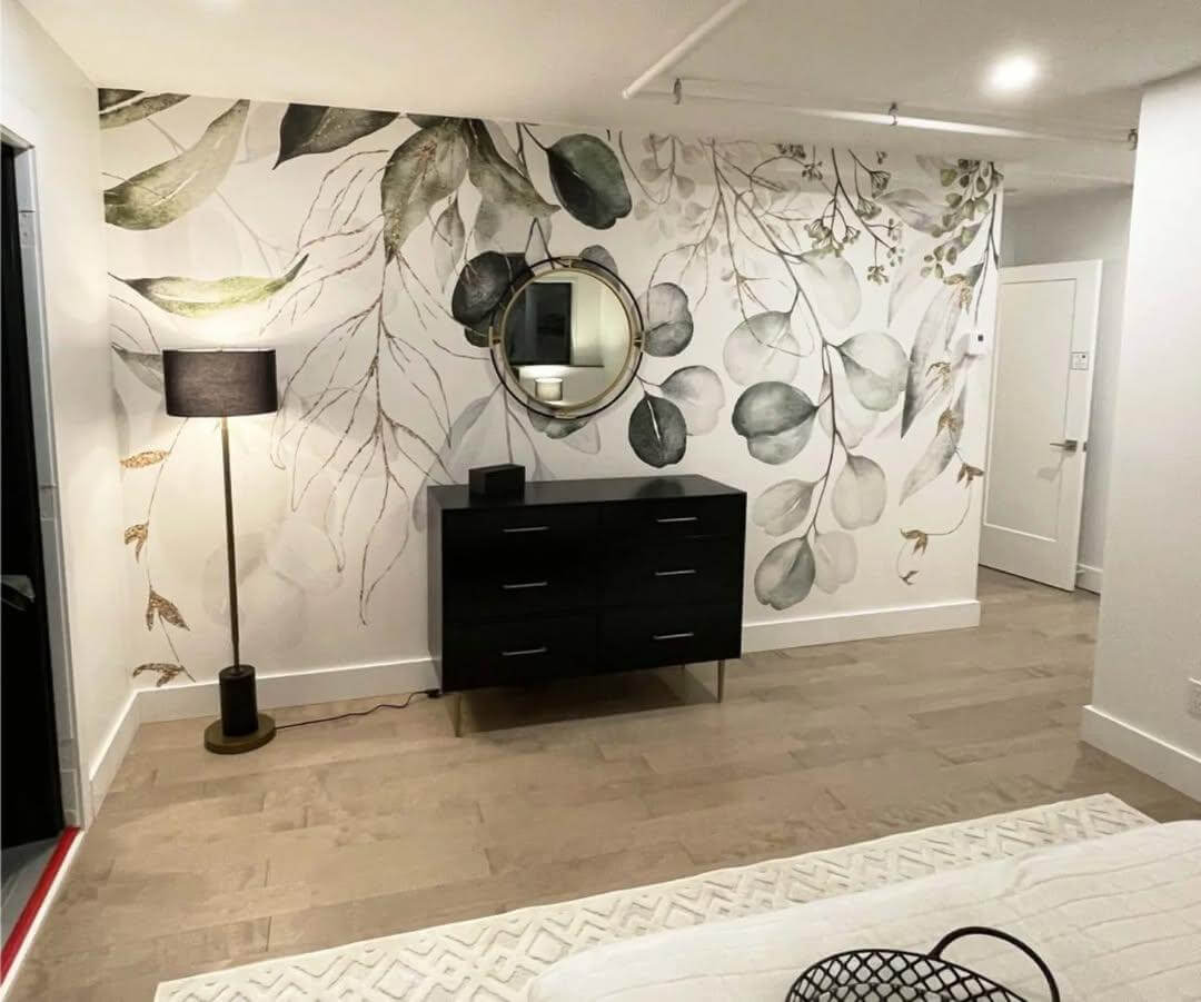 Botanical Mural Adds Organic Texture to a Minimalist Bedroom Wall