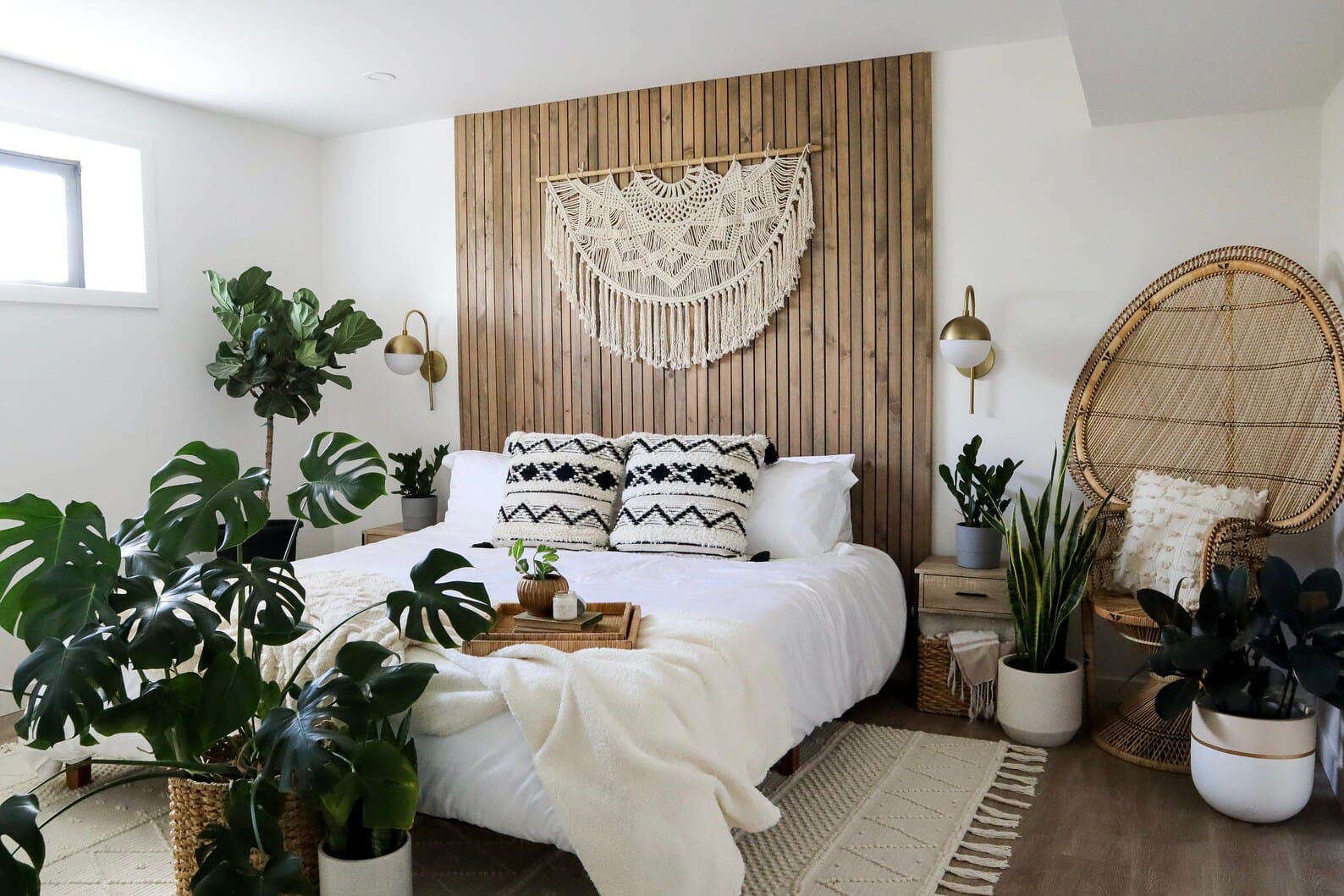 Wooden Slats Create a Natural Headboard Backdrop