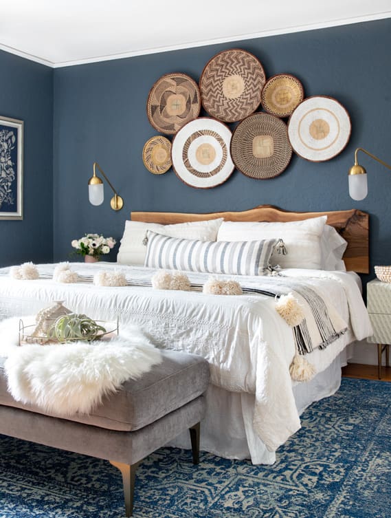 Grouped Woven Baskets Add Global Texture Above Bed