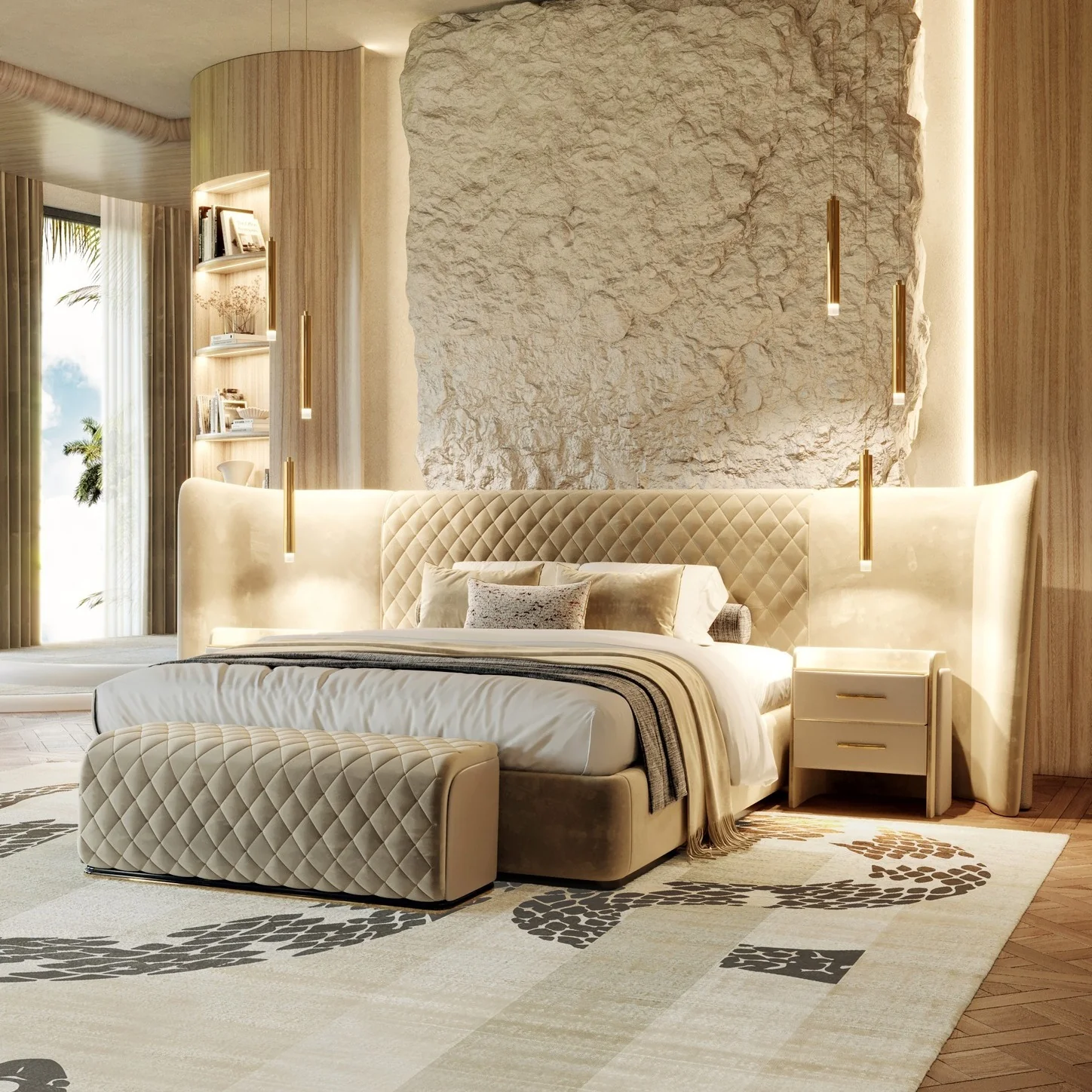 Textured Rug with Abstract Shapes Defines the Bed Area