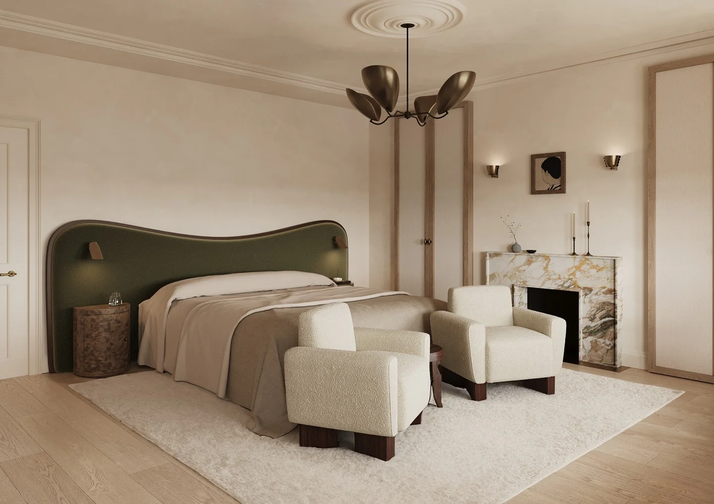 Soft White Rug Grounds Cream Armchairs and Bed