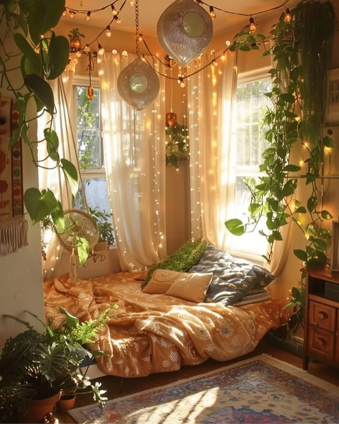 String lights and hanging lanterns create ambiance