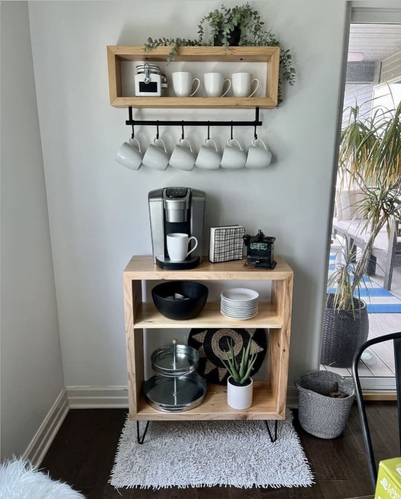 Wooden Shelf With Integrated Mug Hooks Below