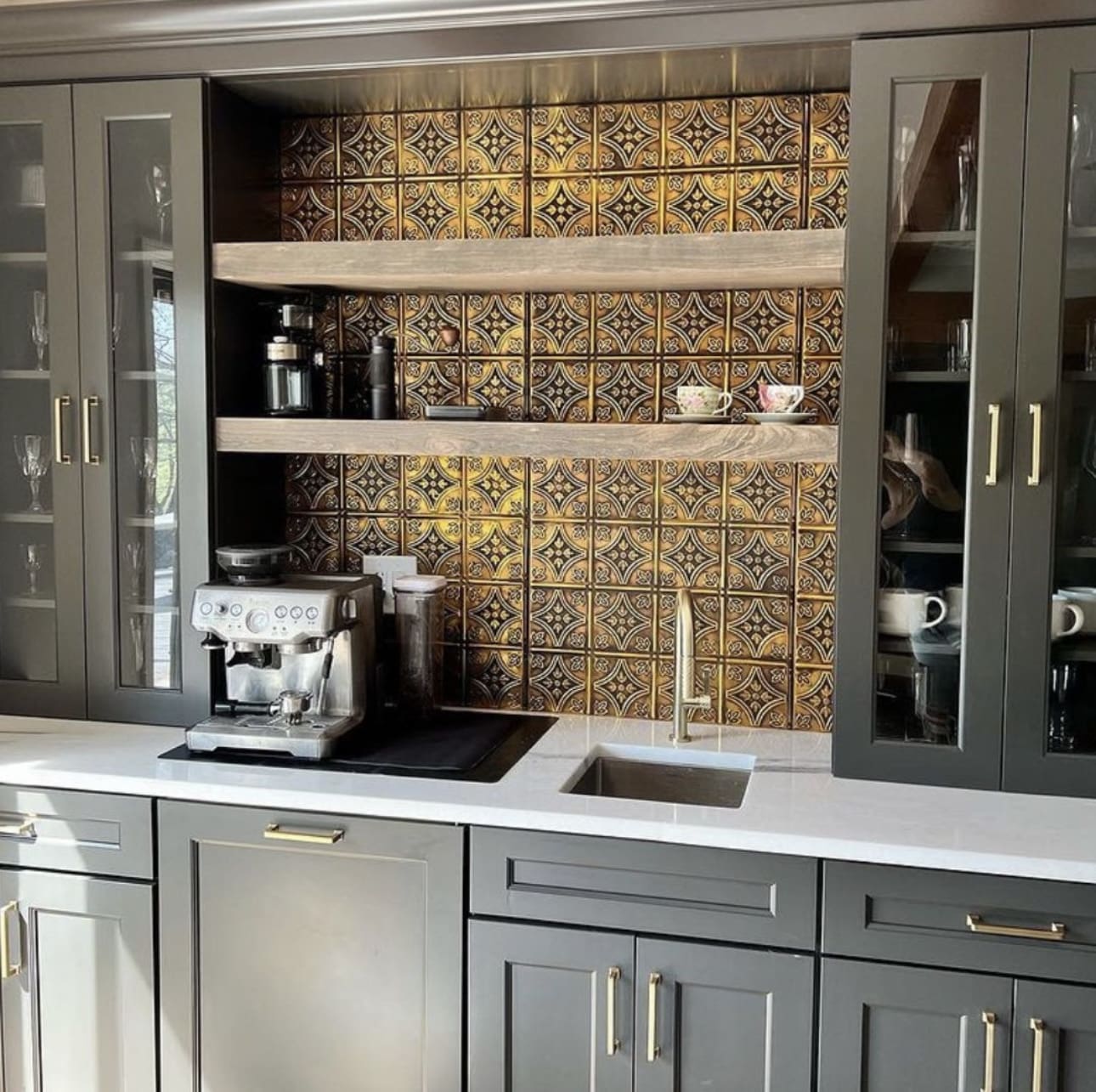 Textured Gold Tile Backsplash for a Glam Coffee Nook