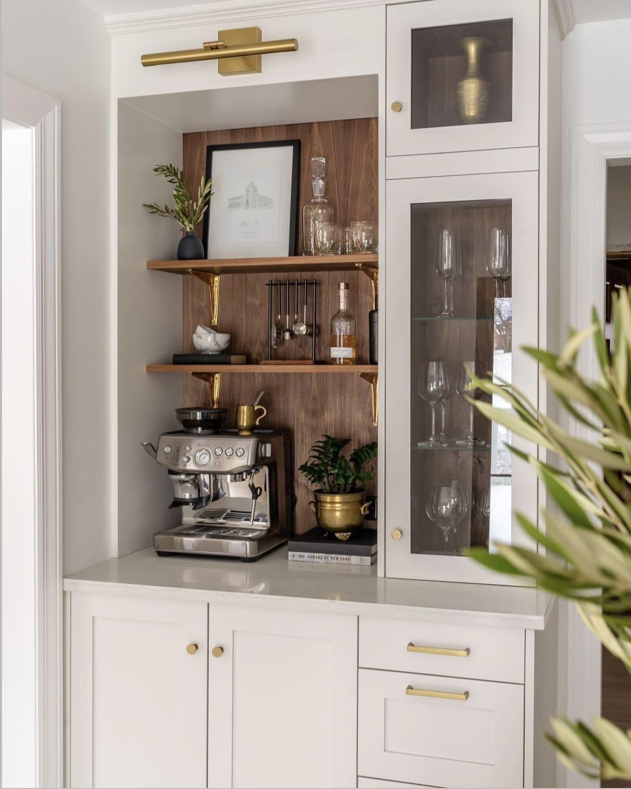 Wood-Paneled Coffee Bar Nook With Brass Accents