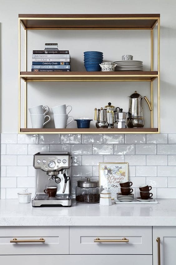 Wood and Brass Open Shelving for Coffee Bar Essentials