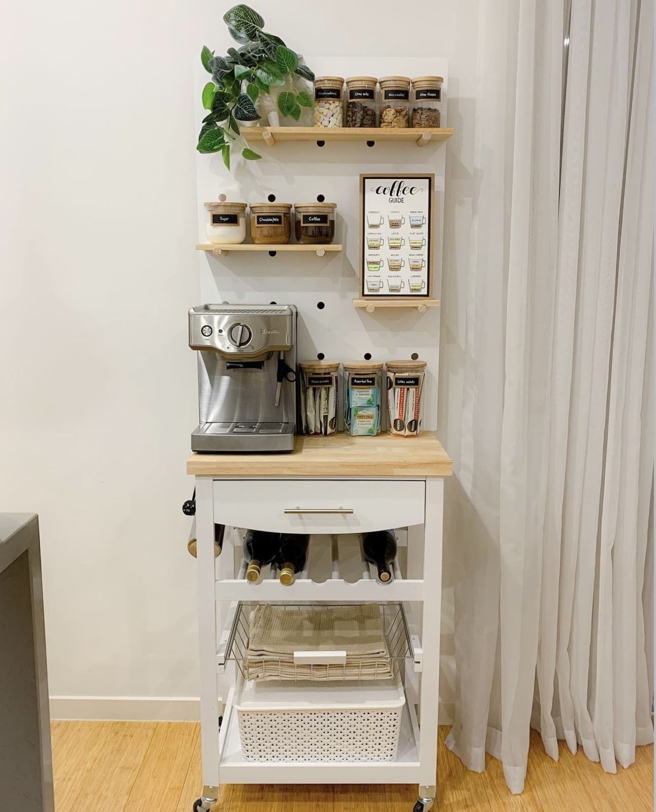 Pegboard Wall With Ledges For Coffee Bar Organization