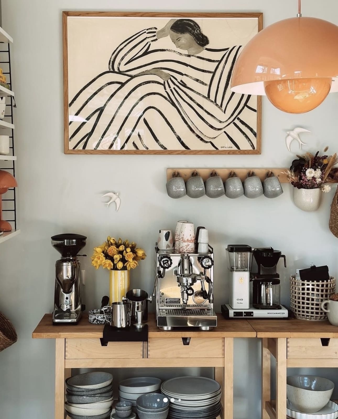 Wooden Mug Rack for a Row of Hanging Ceramic Cups