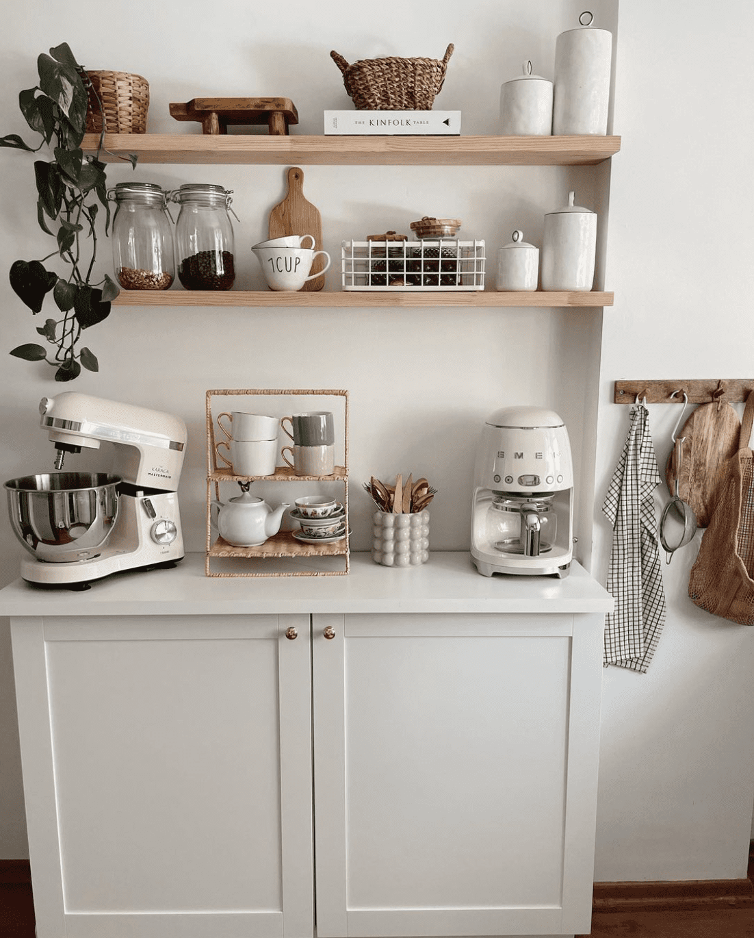 Tiered Rattan Shelf for Displaying Mugs and Teaware