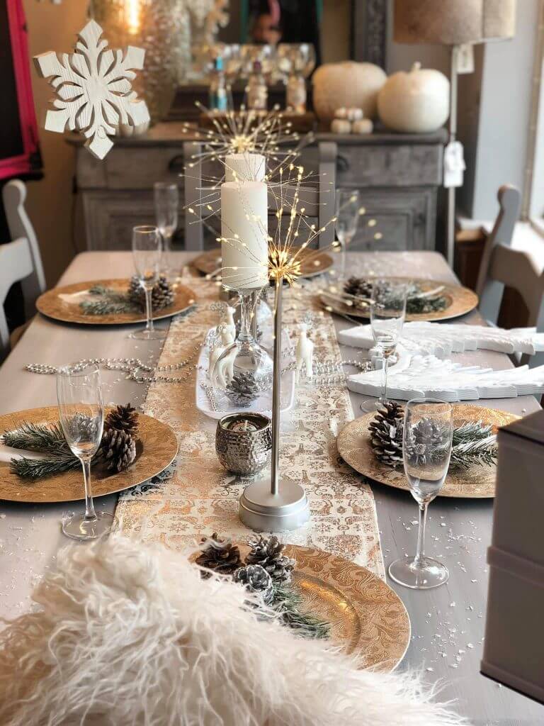 Festive Tablescape with Frosted Pinecones and Glitter