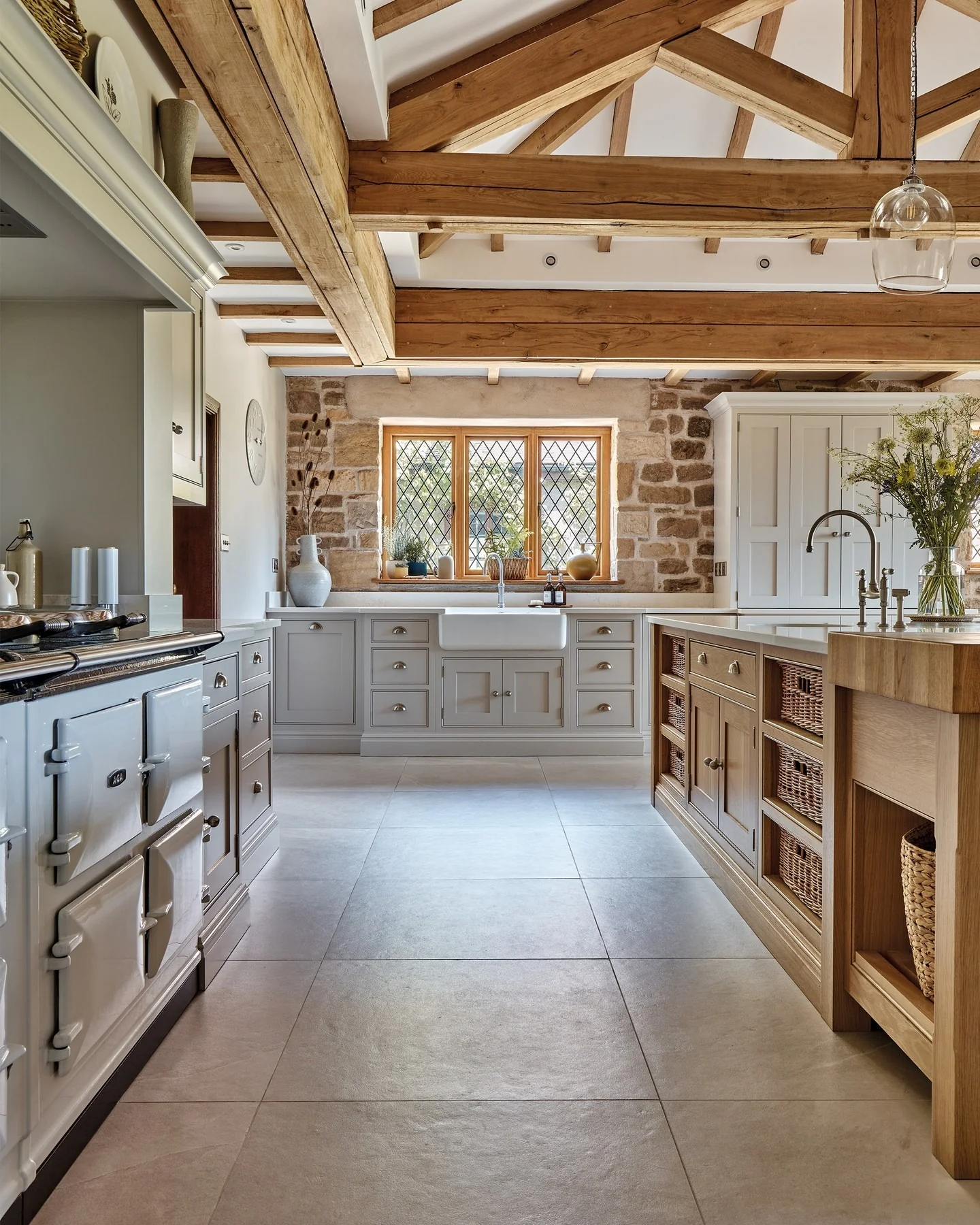 Wooden Island With Open Shelving and Wicker Baskets