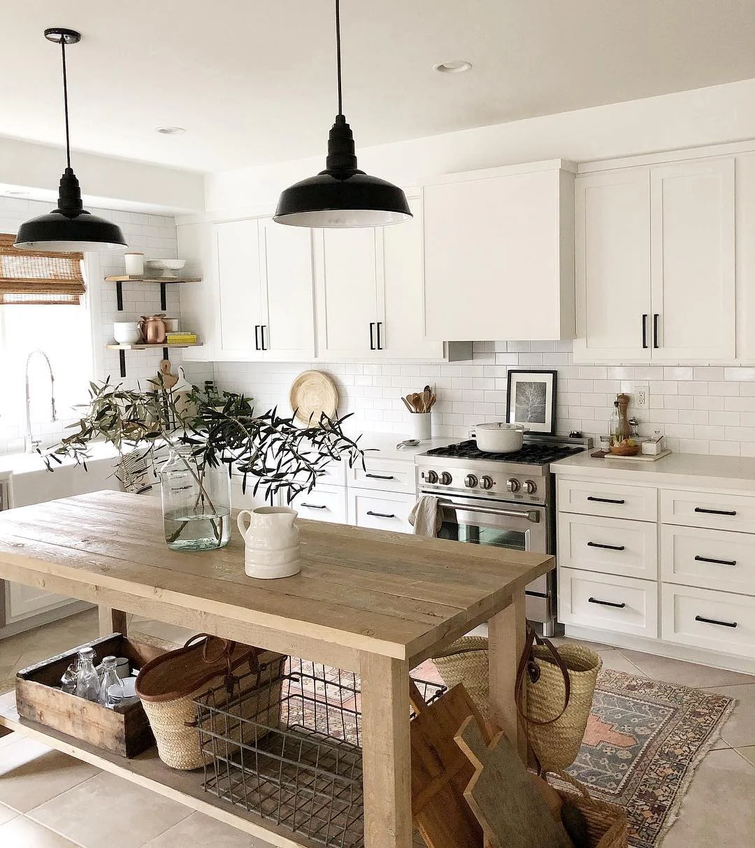 Reclaimed Wood Island With Open Crates and Baskets
