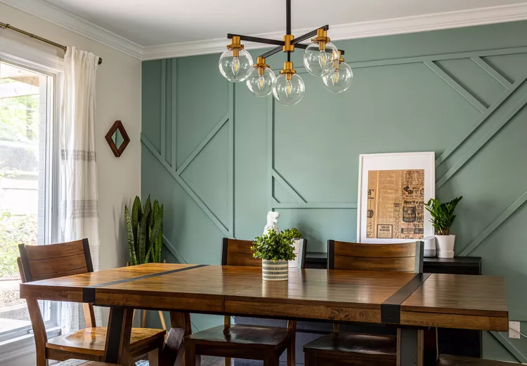 Geometric Wood Trim Adds Dimension to Green Accent Wall