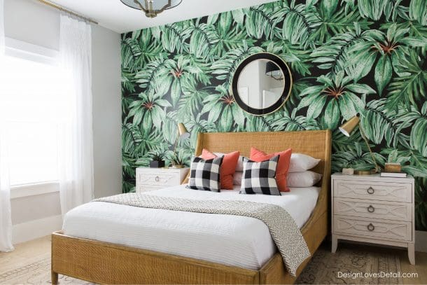 Large-Scale Tropical Leaf Wallpaper Creates a Bold Statement Wall