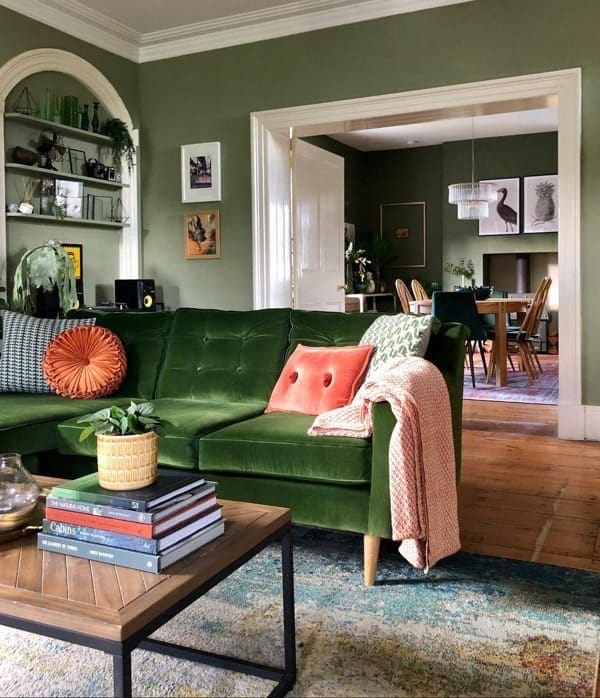 Juxtapose Emerald Green Velvet with Warm Coral Accents