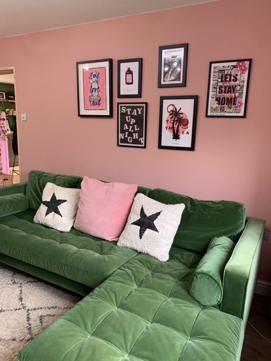 Anchor Your Green Sofa with a Gallery Wall of Playful Prints