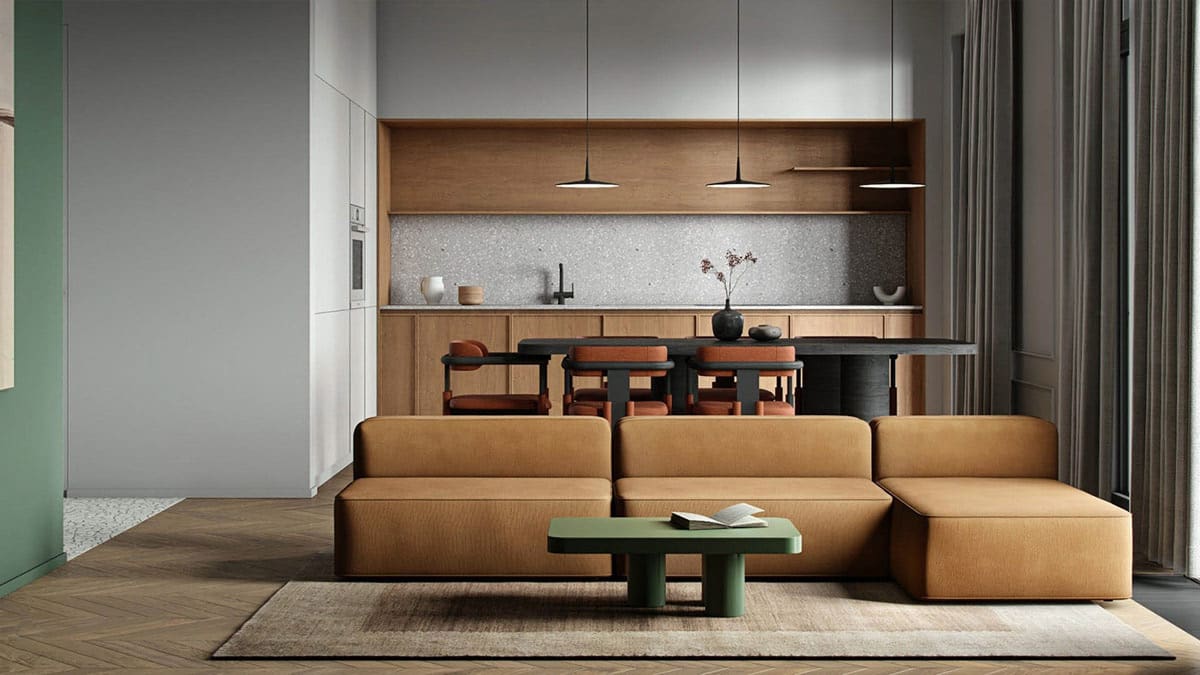Low Green Coffee Table Grounds Warm Tones