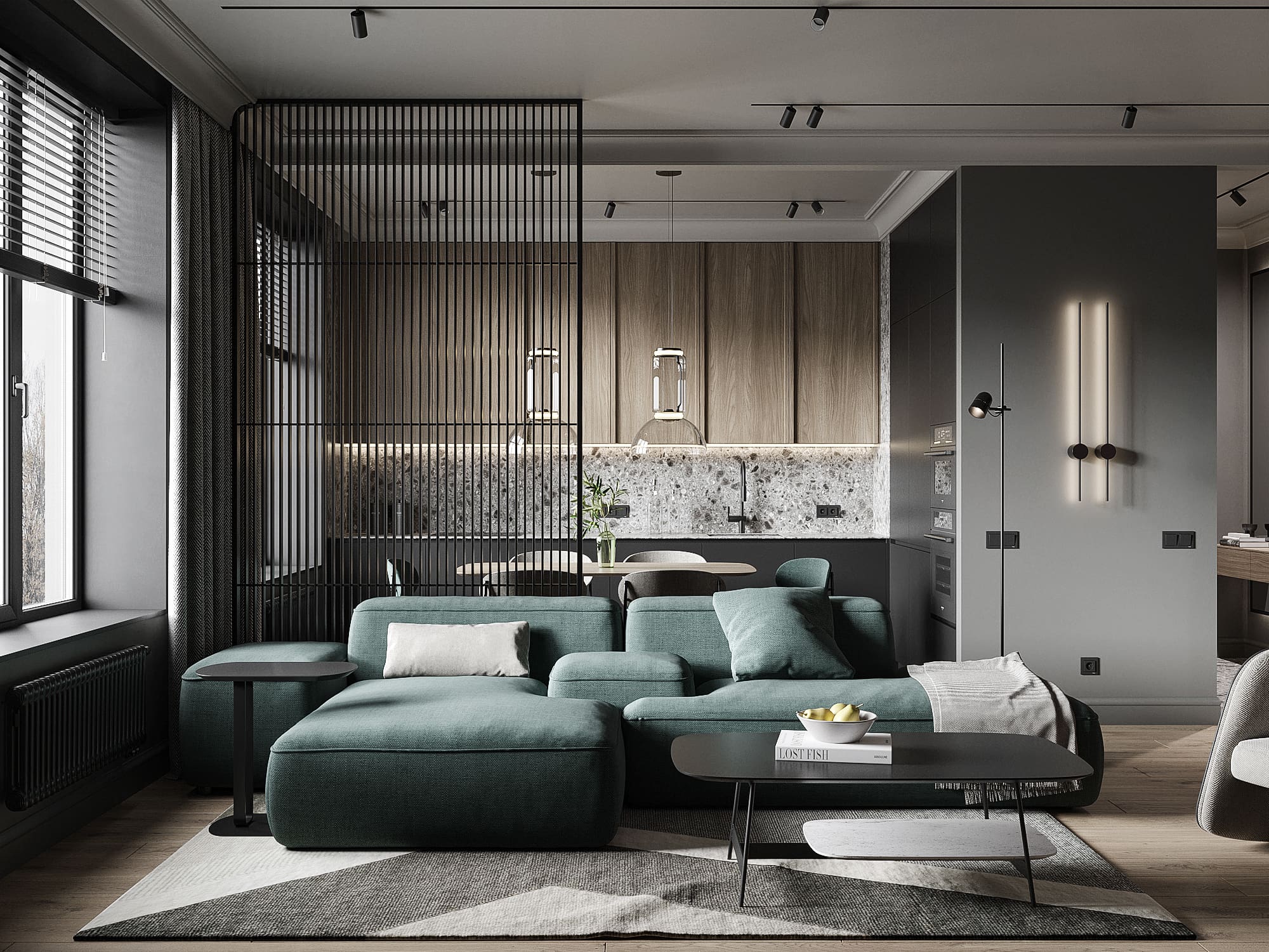 Deep Teal Sofa Defines a Modern Grey Living Space