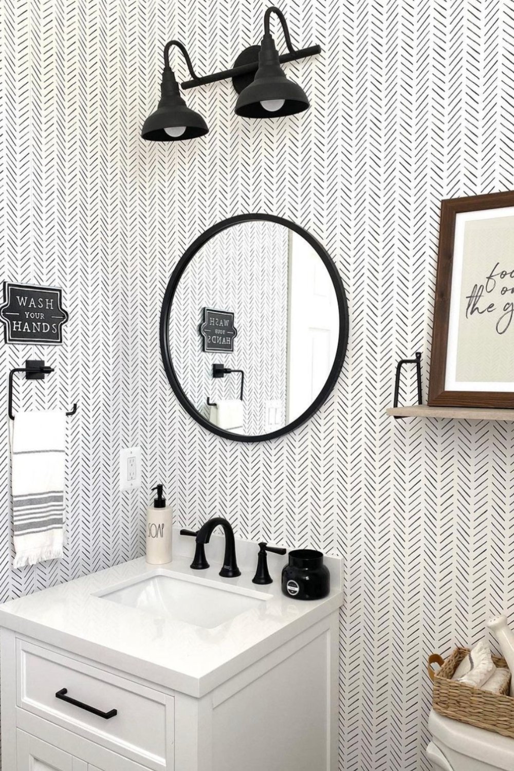 Herringbone Wallpaper Adds Pattern to a Small Half Bath