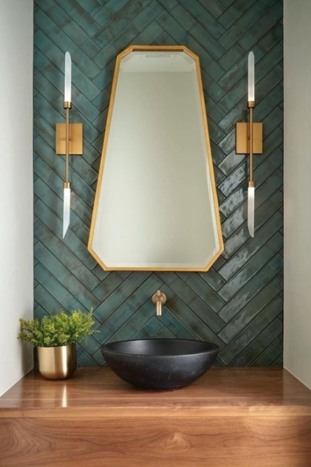 Deep Teal Herringbone Tile Walls Add Dramatic Texture