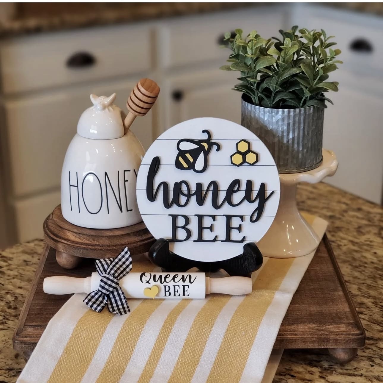 Miniature rolling pin with gingham bow adds farmhouse charm