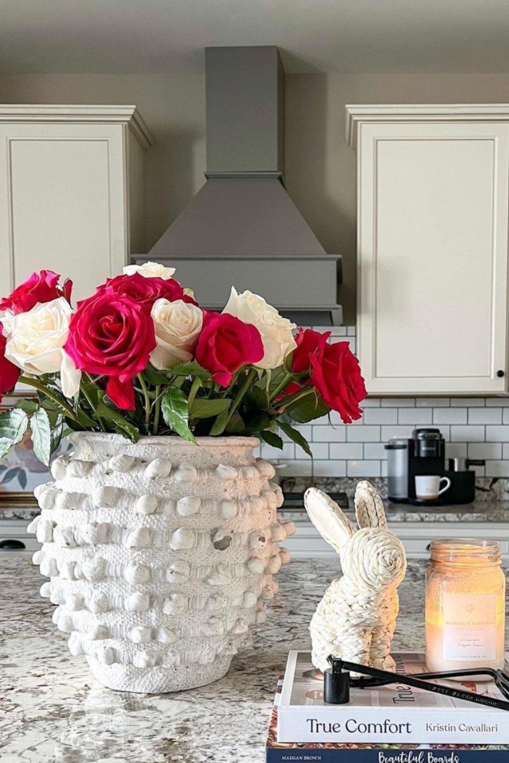 Textured White Vase Holds Roses and Adds Dimension